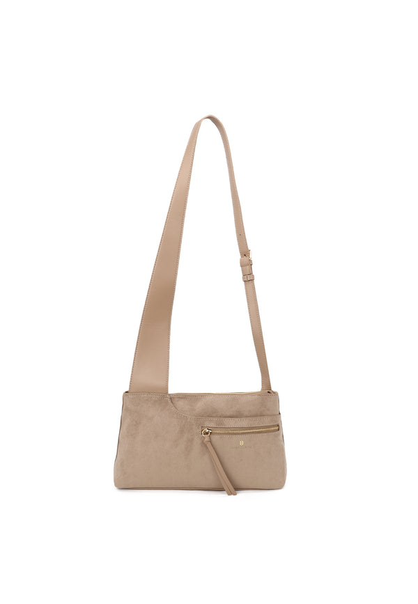 Borsa donna a tracolla in suede con zip frontale e design moderno beige