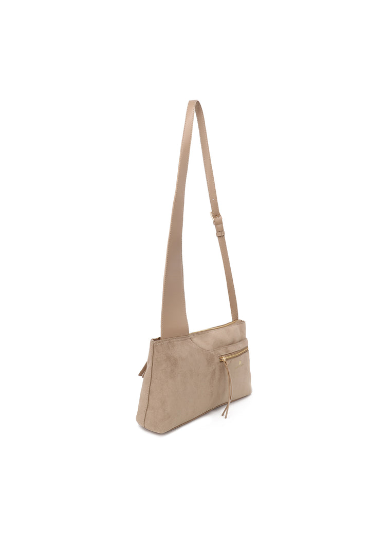 Borsa donna a tracolla in suede con zip frontale e design moderno beige