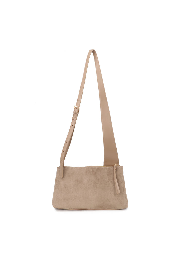 Borsa donna a tracolla in suede con zip frontale e design moderno beige