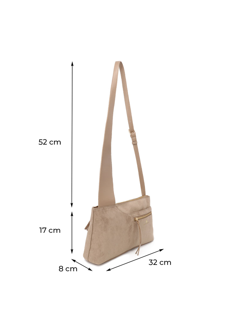 Borsa donna a tracolla in suede con zip frontale e design moderno beige