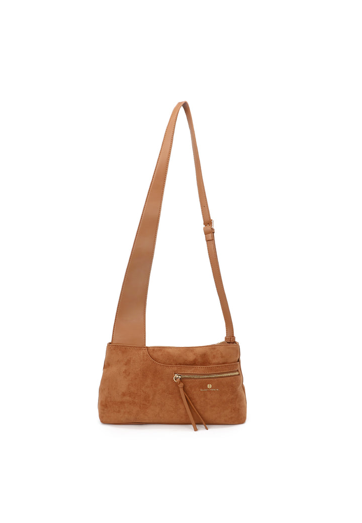 Borsa donna a tracolla in suede con zip frontale e design moderno marrone
