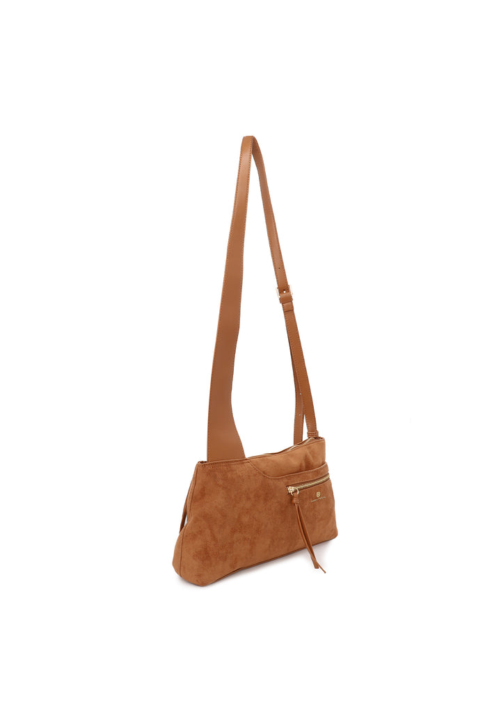 Borsa donna a tracolla in suede con zip frontale e design moderno marrone