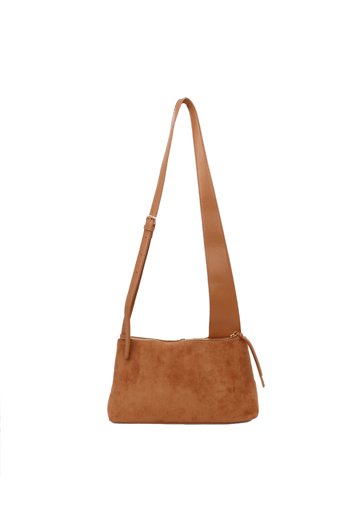 Borsa donna a tracolla in suede con zip frontale e design moderno marrone