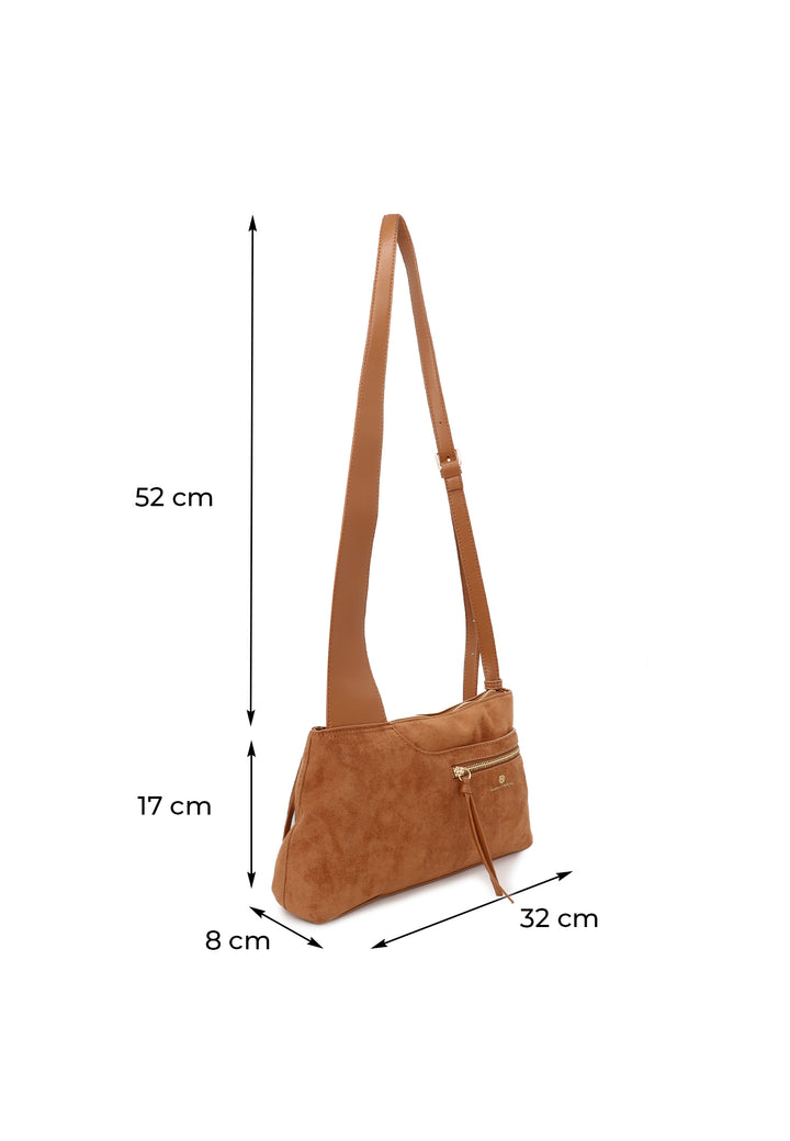Borsa donna a tracolla in suede con zip frontale e design moderno marrone