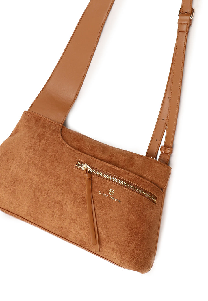 Borsa donna a tracolla in suede con zip frontale e design moderno marrone