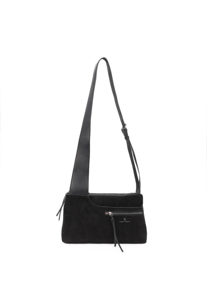 Borsa donna a tracolla in suede con zip frontale e design moderno nera