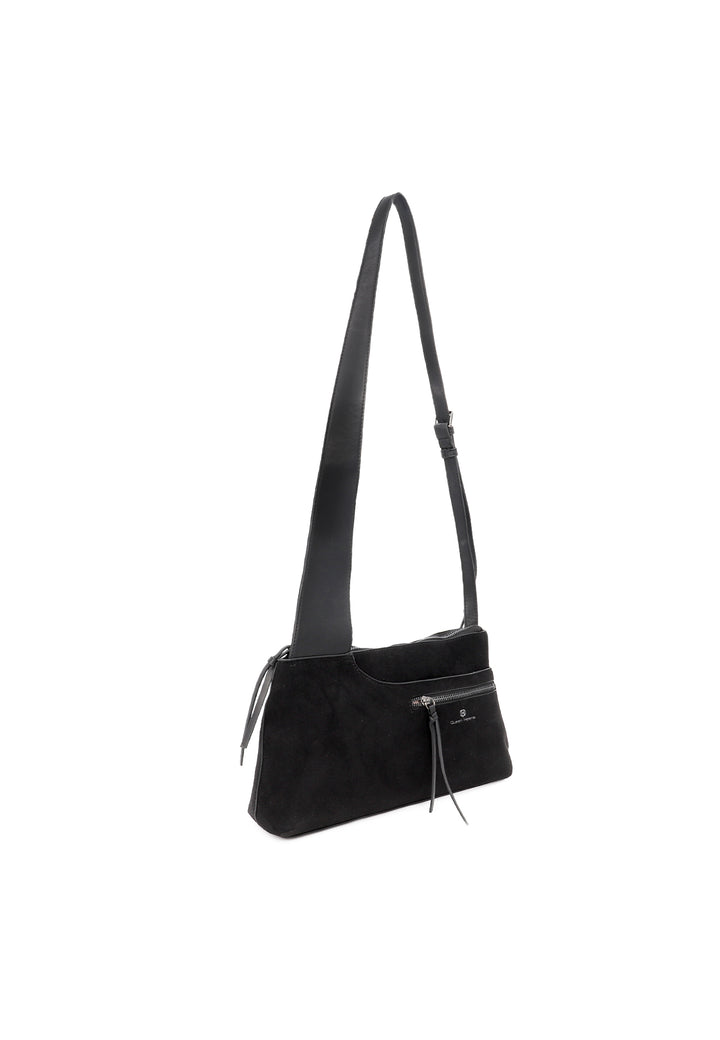Borsa donna a tracolla in suede con zip frontale e design moderno nera