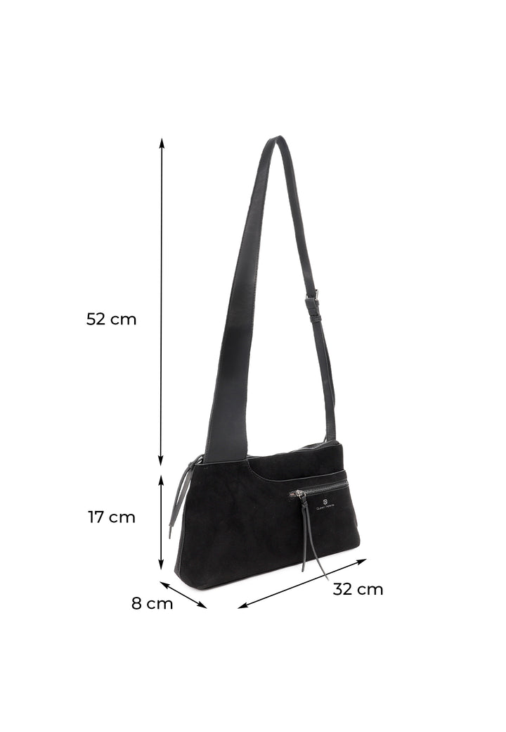 Borsa donna a tracolla in suede con zip frontale e design moderno nera