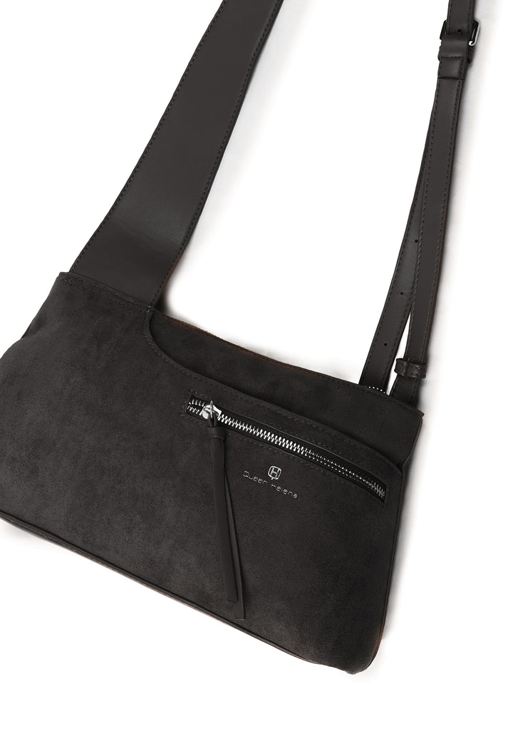 Borsa donna a tracolla in suede con zip frontale e design moderno nera