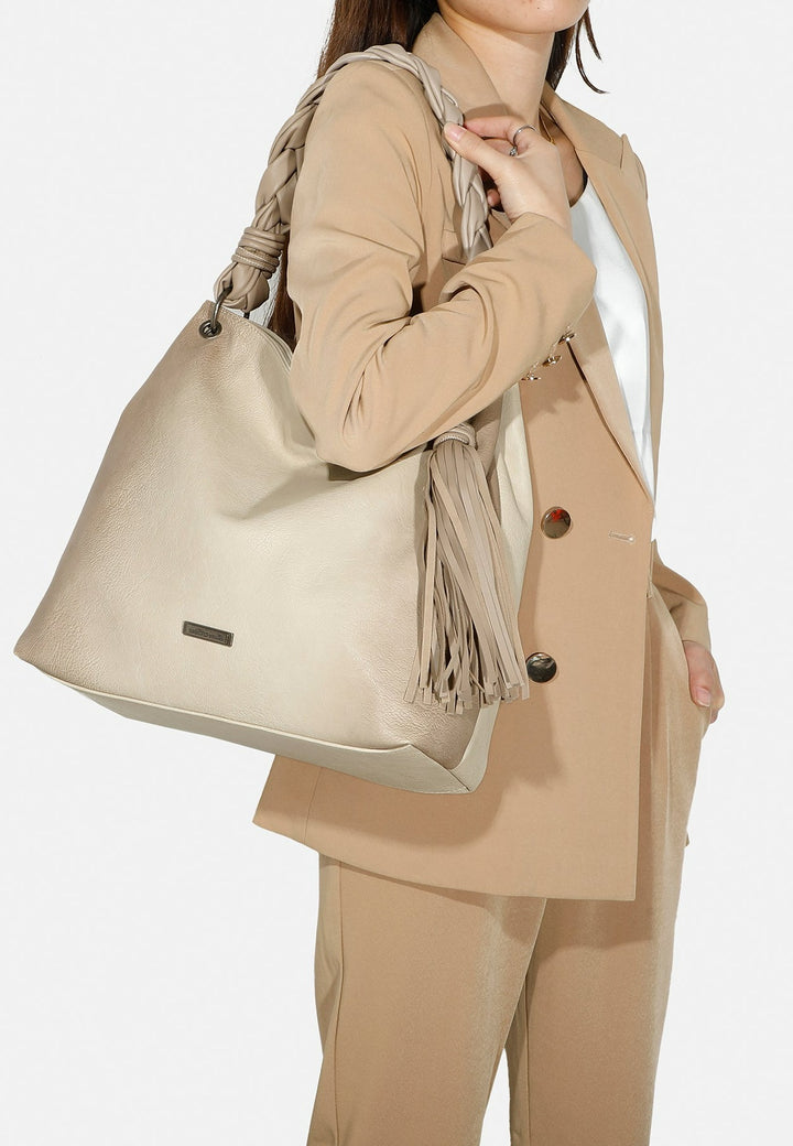 Borsa a spalla con manico intrecciato colore beige