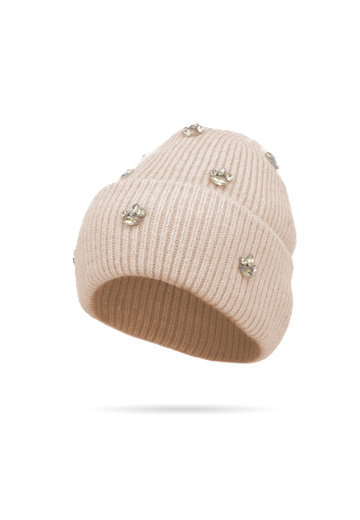 Cappello invernale da donna stile beanie con pietre decorative colore beige