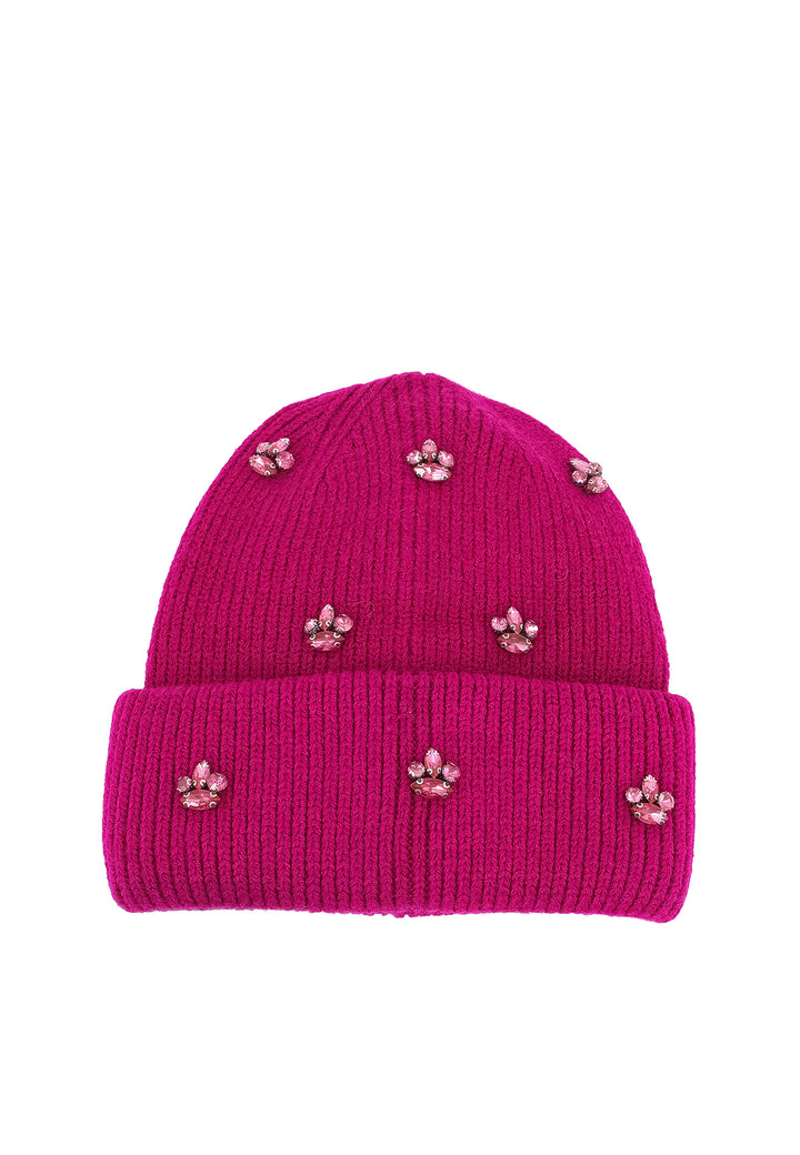 Cappello invernale da donna stile beanie con pietre decorative colore fucsia