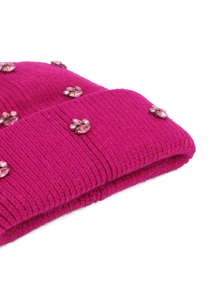 Cappello invernale da donna stile beanie con pietre decorative colore fucsia