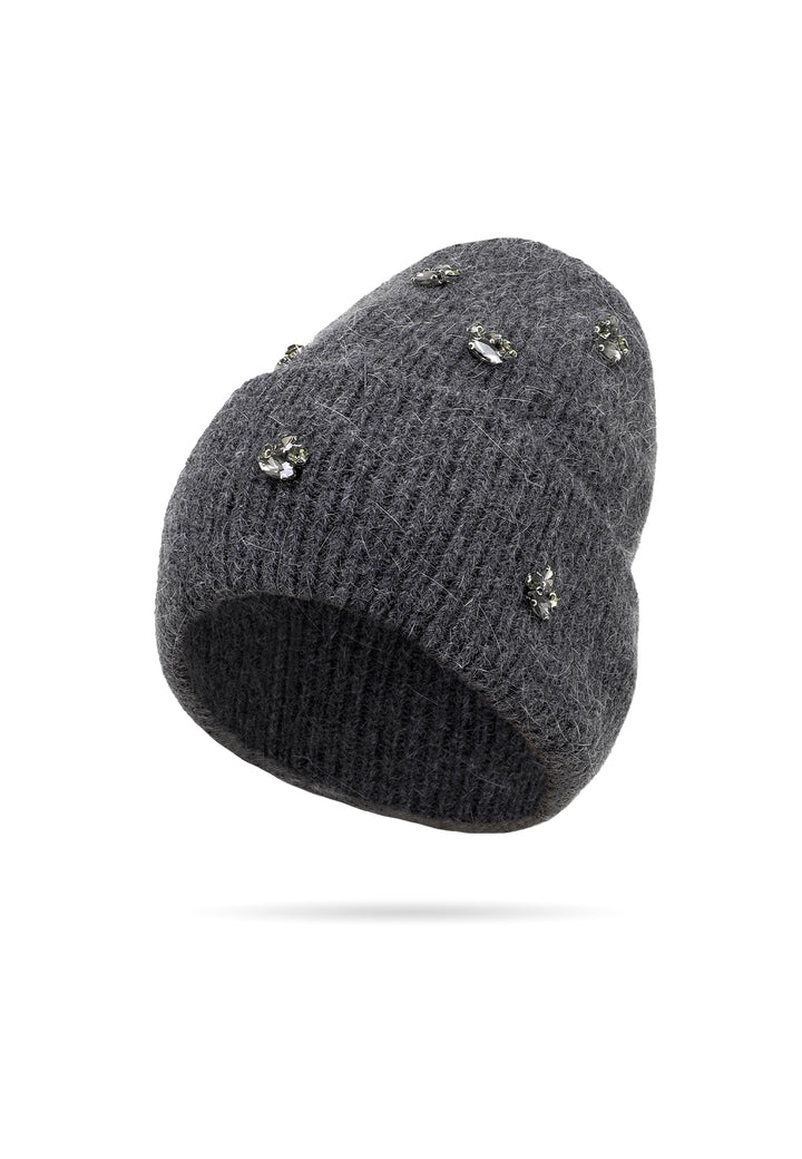 Cappello invernale da donna stile beanie con pietre decorative colore grigio