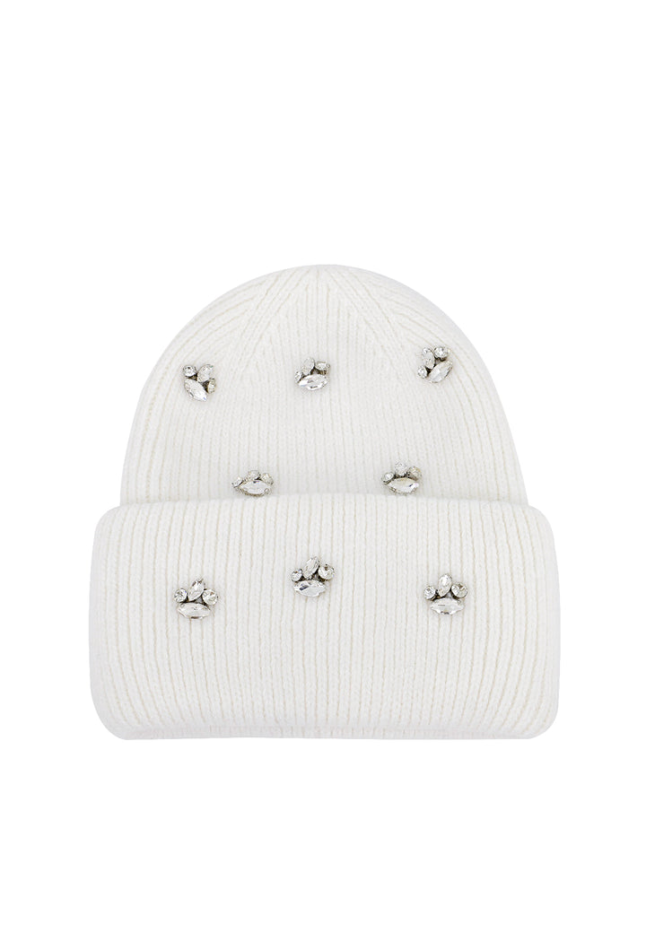 Cappello invernale da donna stile beanie con pietre decorative colore bianco