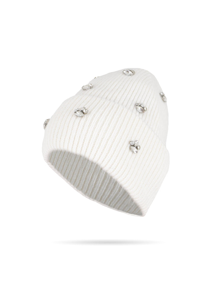 Cappello invernale da donna stile beanie con pietre decorative colore bianco