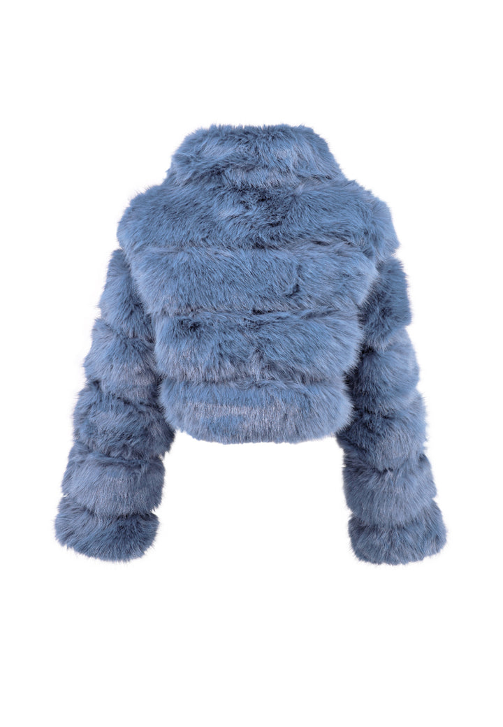 Cappotto corto in eco pelliccia con zip da donna colore azzurro