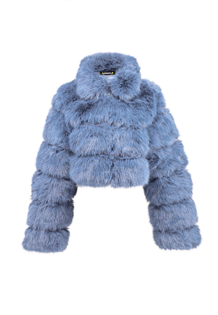 Cappotto corto in eco pelliccia con zip da donna colore azzurro