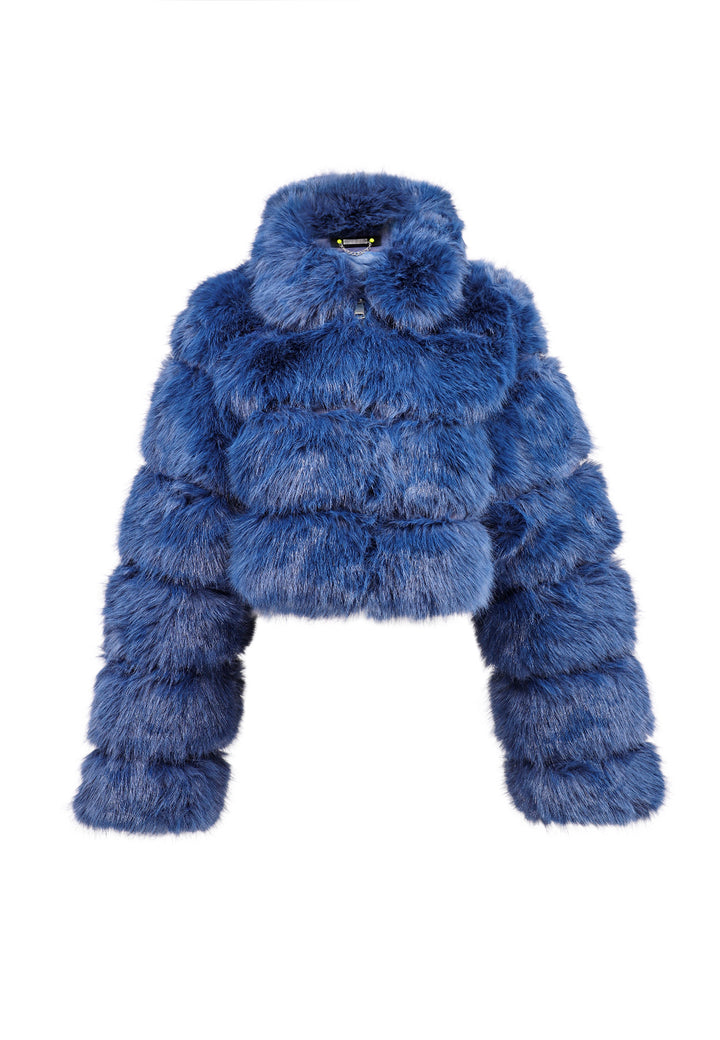 Cappotto corto in eco pelliccia con zip da donna colore blu