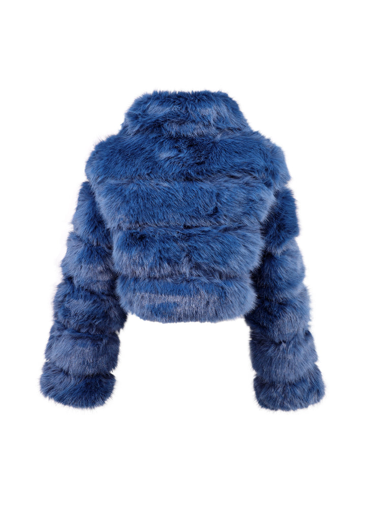 Cappotto corto in eco pelliccia con zip da donna colore blu