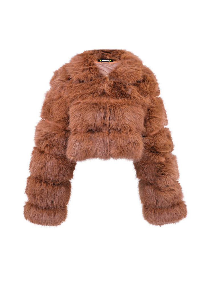 Cappotto corto in eco pelliccia con zip da donna colore cammello