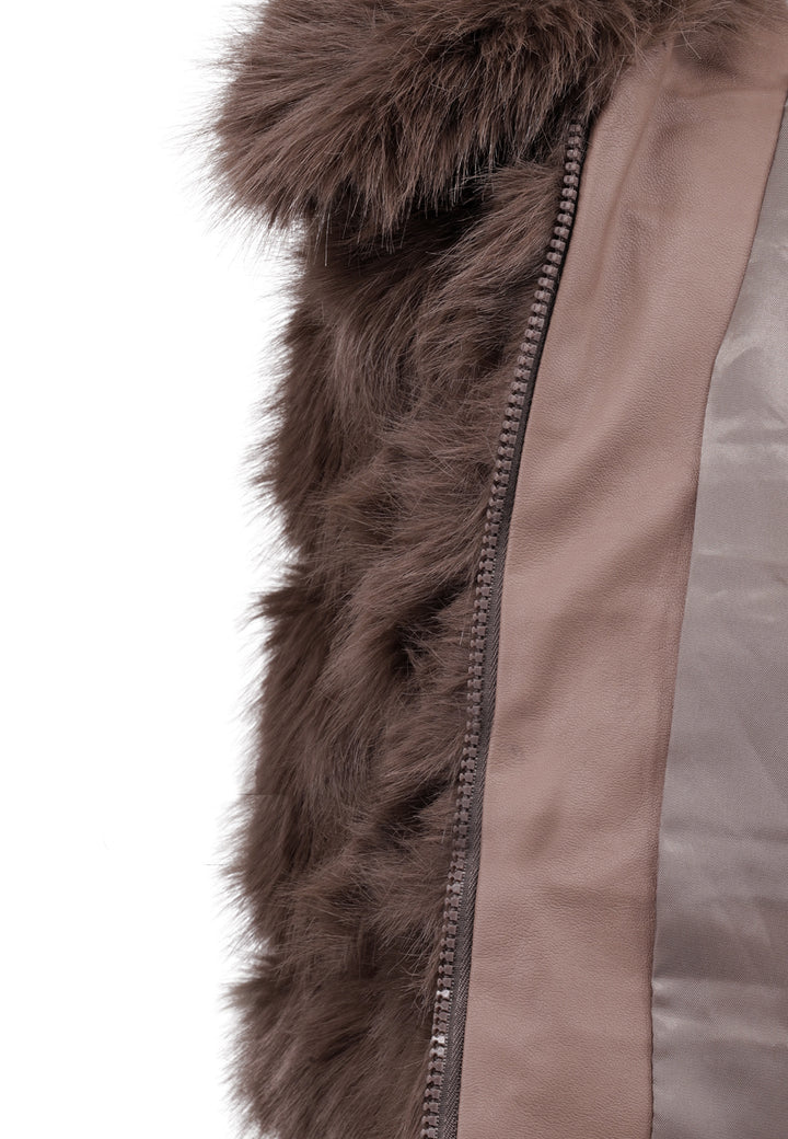 Cappotto corto in eco pelliccia con zip da donna colore marrone scuro