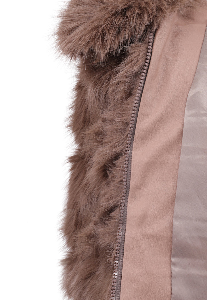 Cappotto corto in eco pelliccia con zip da donna colore marrone