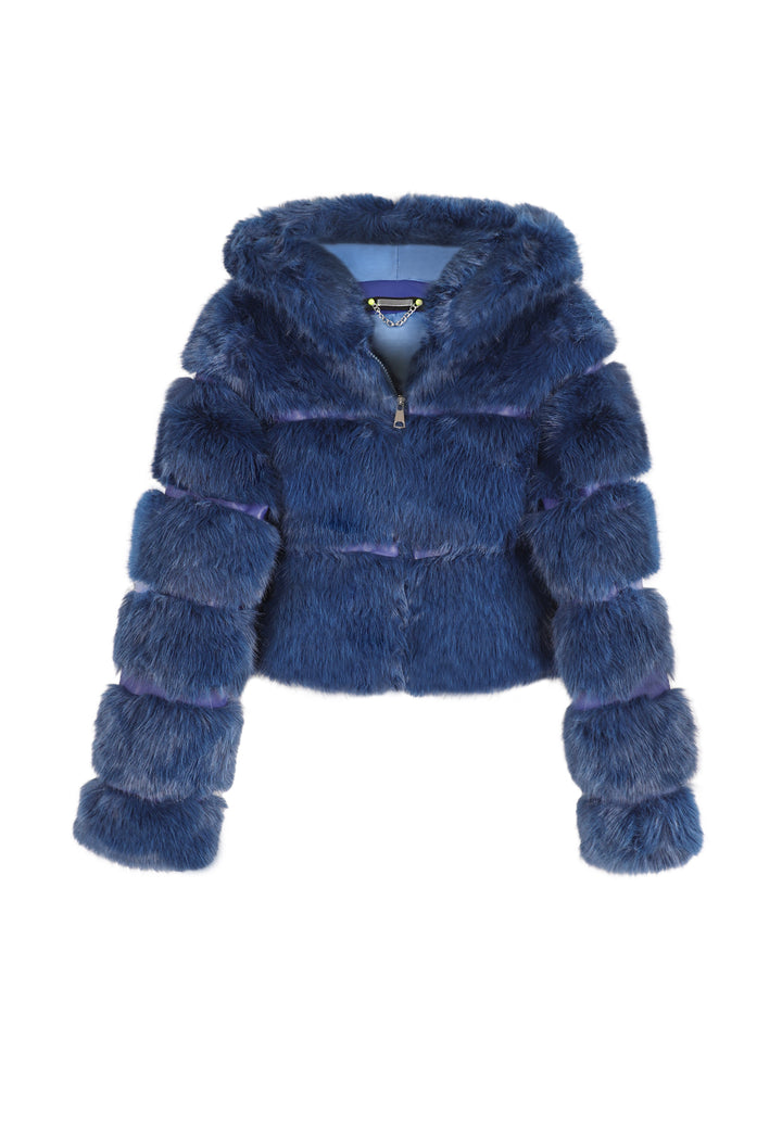 Cappotto corto in eco pelliccia con zip da donna e cappuccio colore blu