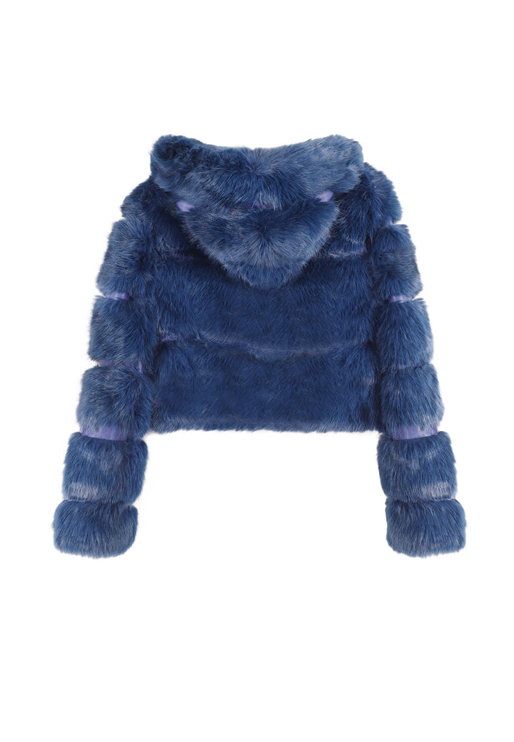 Cappotto corto in eco pelliccia con zip da donna e cappuccio colore blu