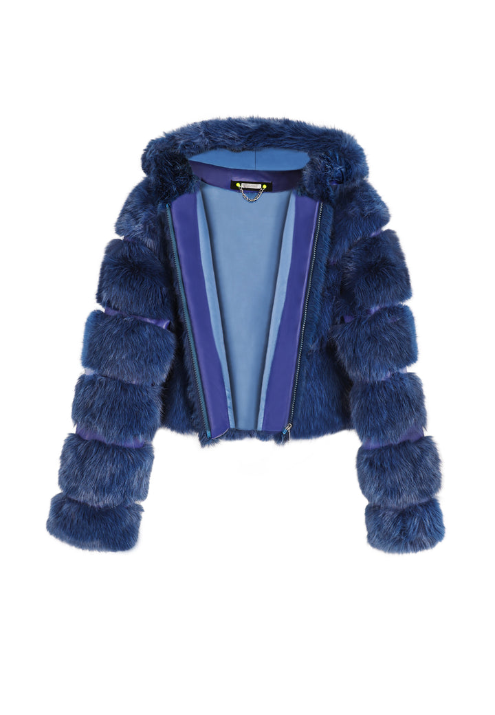 Cappotto corto in eco pelliccia con zip da donna e cappuccio colore blu