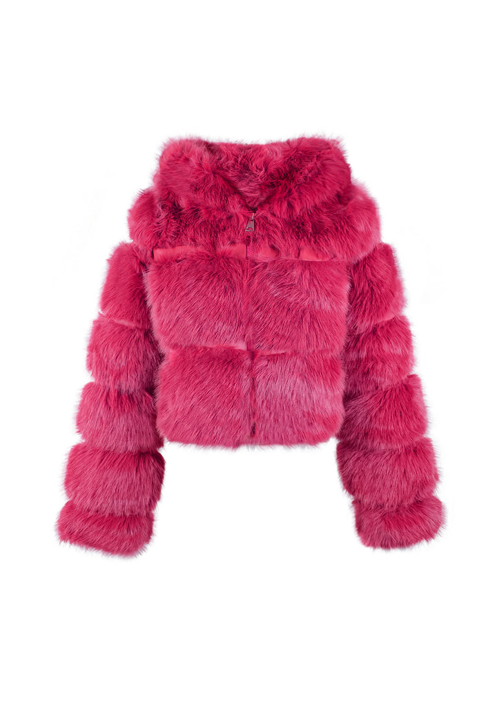 Cappotto corto in eco pelliccia con zip da donna e cappuccio colore fucsia