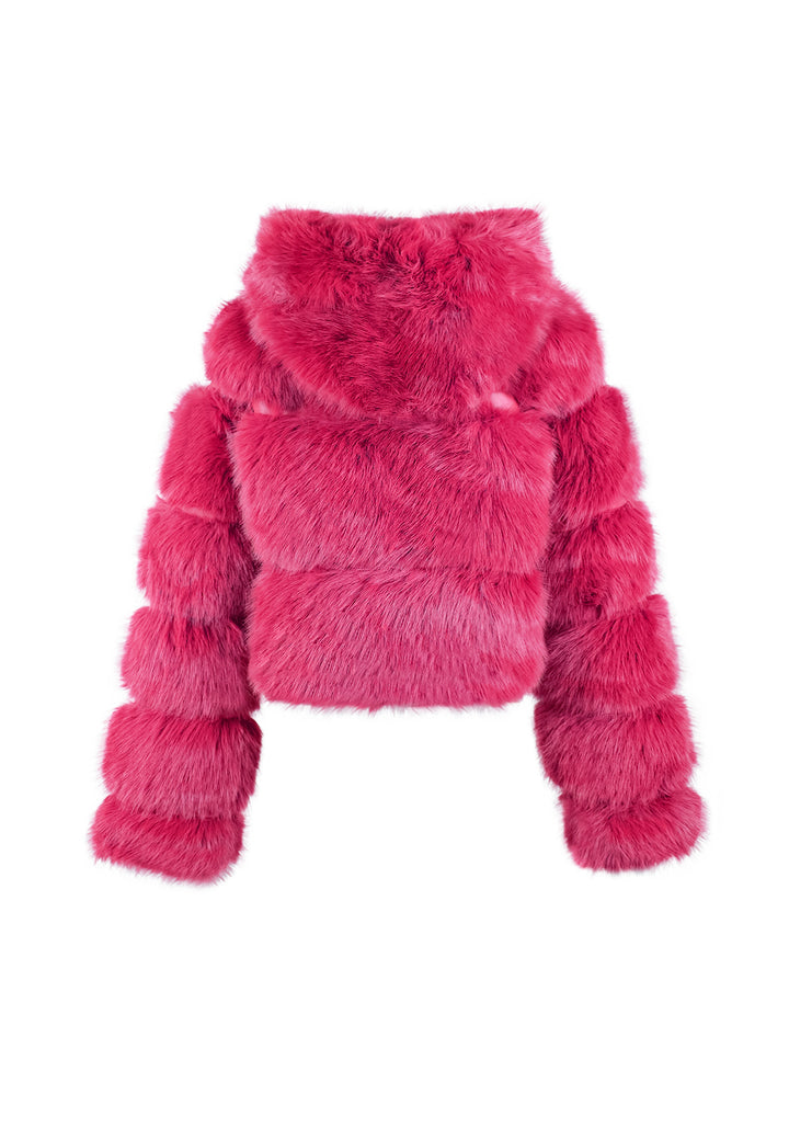 Cappotto corto in eco pelliccia con zip da donna e cappuccio colore fucsia