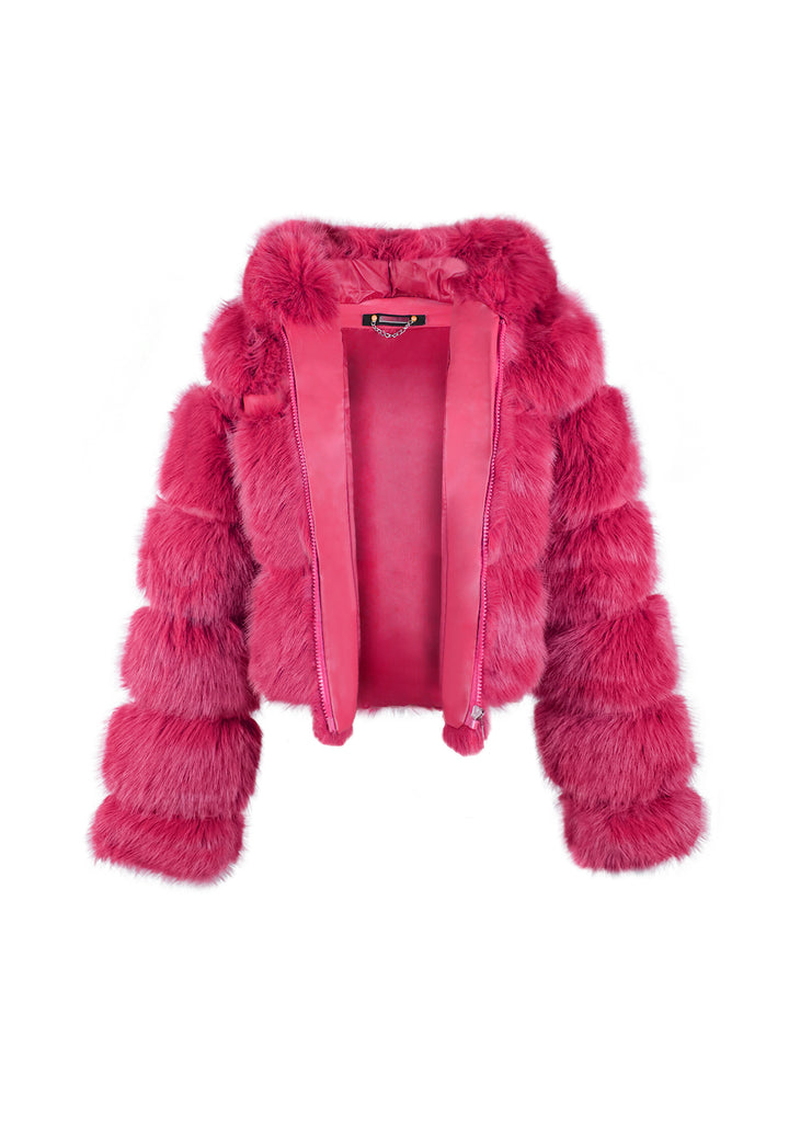 Cappotto corto in eco pelliccia con zip da donna e cappuccio colore fucsia