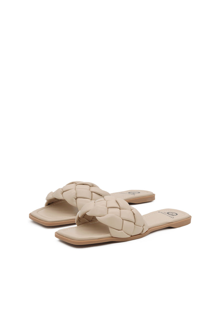 sandali bassi da donna stile ciabatte con fascia intrecciata colore beige