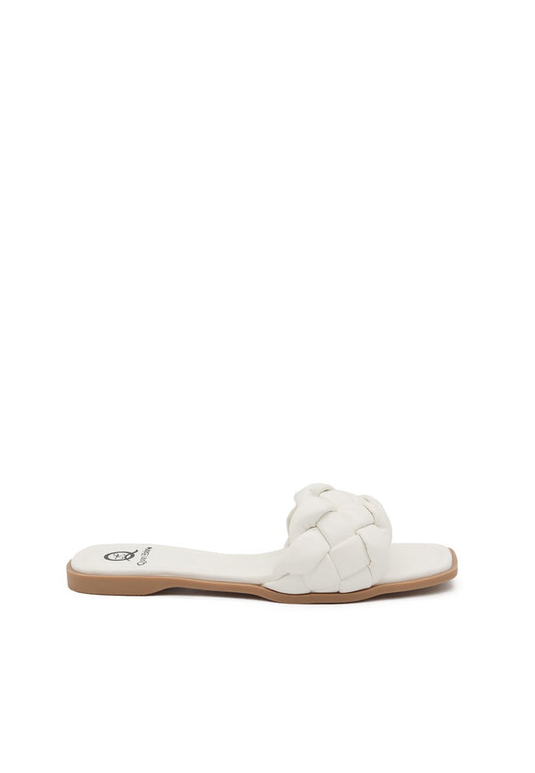 sandali bassi da donna stile ciabatte con fascia intrecciata colore bianco