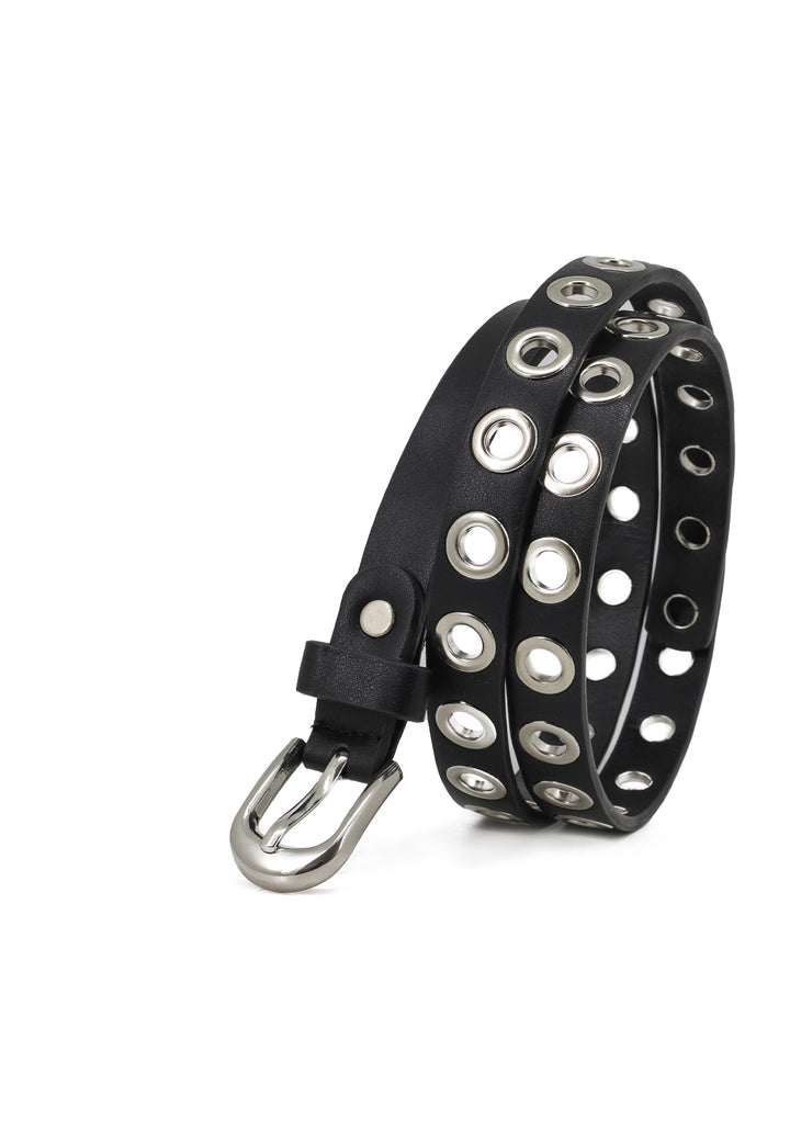 Cintura donna nera doppia con borchie occhielli e fibbia argento