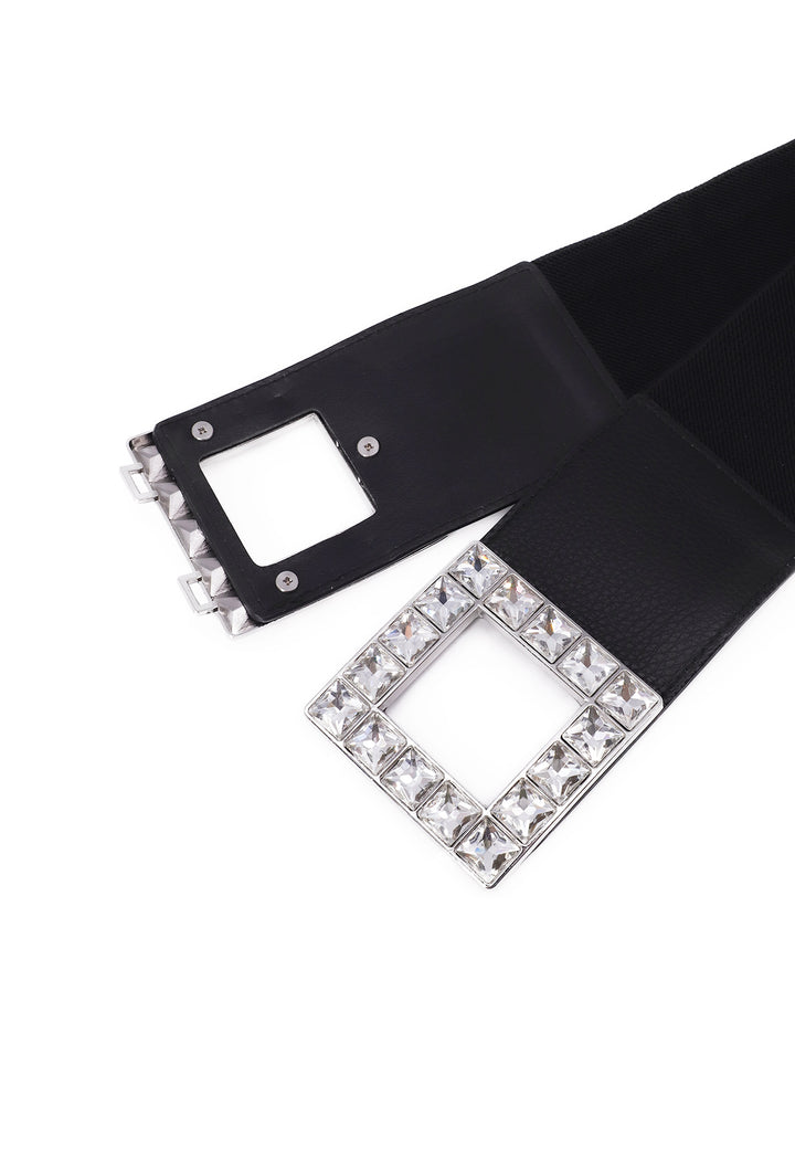 Cintura elastica da donna colore nero con pietre argento sulla fibbia 