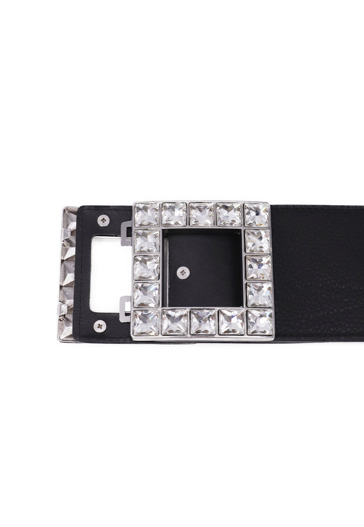 Cintura elastica da donna colore nero con pietre argento sulla fibbia 