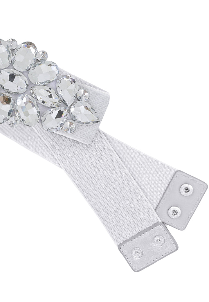 cintura a vita alta elegante elasticizzata con pietre e chiusura con bottoni color argento
