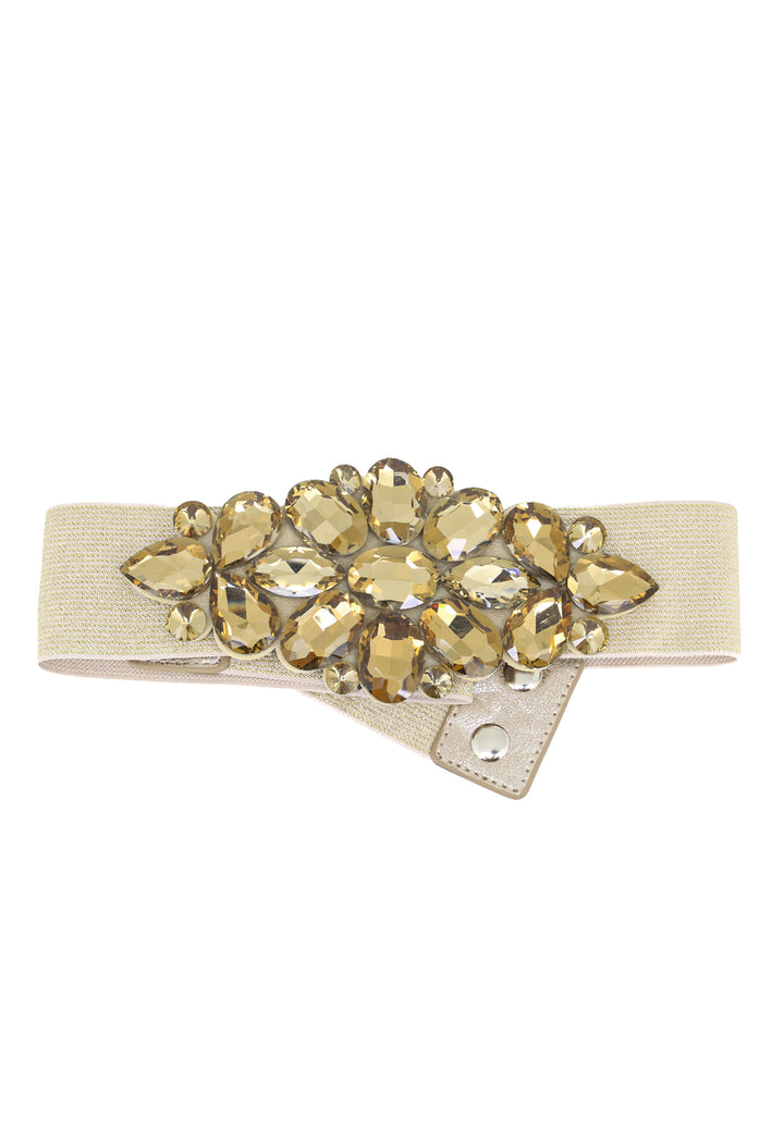 cintura a vita alta elegante elasticizzata con pietre e chiusura con bottoni color oro
