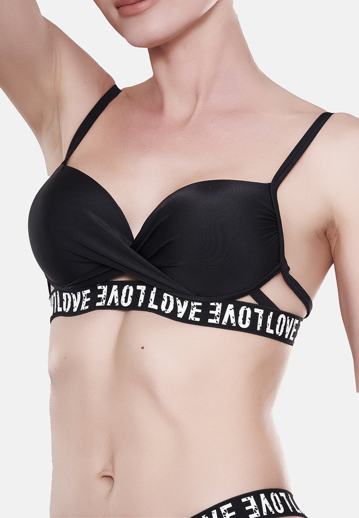 Costume da bagno bikini da donna colore nero imbottito con ferretto e con elastico e scritta "love"