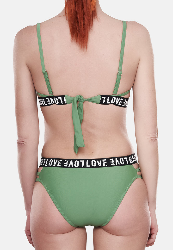 Costume da bagno bikini da donna colore verde imbottito con ferretto e con elastico e scritta "love"