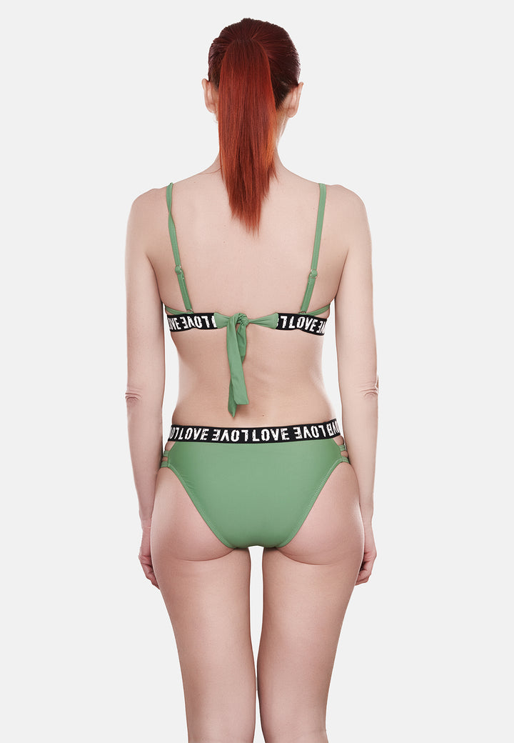 Costume da bagno bikini da donna colore verde imbottito con ferretto e con elastico e scritta "love"