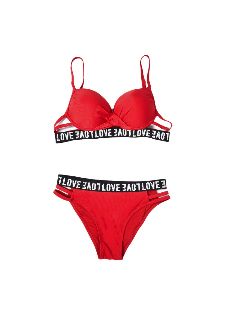 Costume da bagno bikini da donna colore rosso imbottito con ferretto e con elastico e scritta "love"