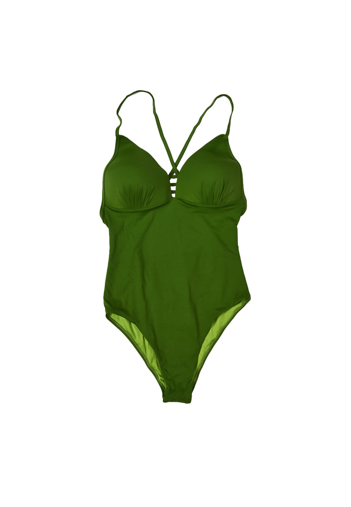 Costume intero da donna colore verde con bretelle incrociate sul retro