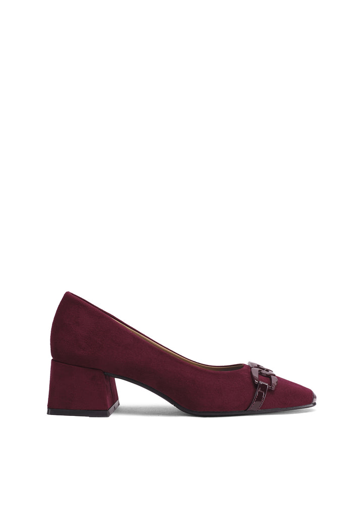 Décolleté donna eleganti a punta con tacco largo basso e fibbia bordeaux