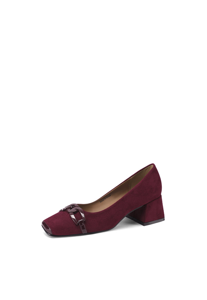 Décolleté donna eleganti a punta con tacco largo basso e fibbia bordeaux