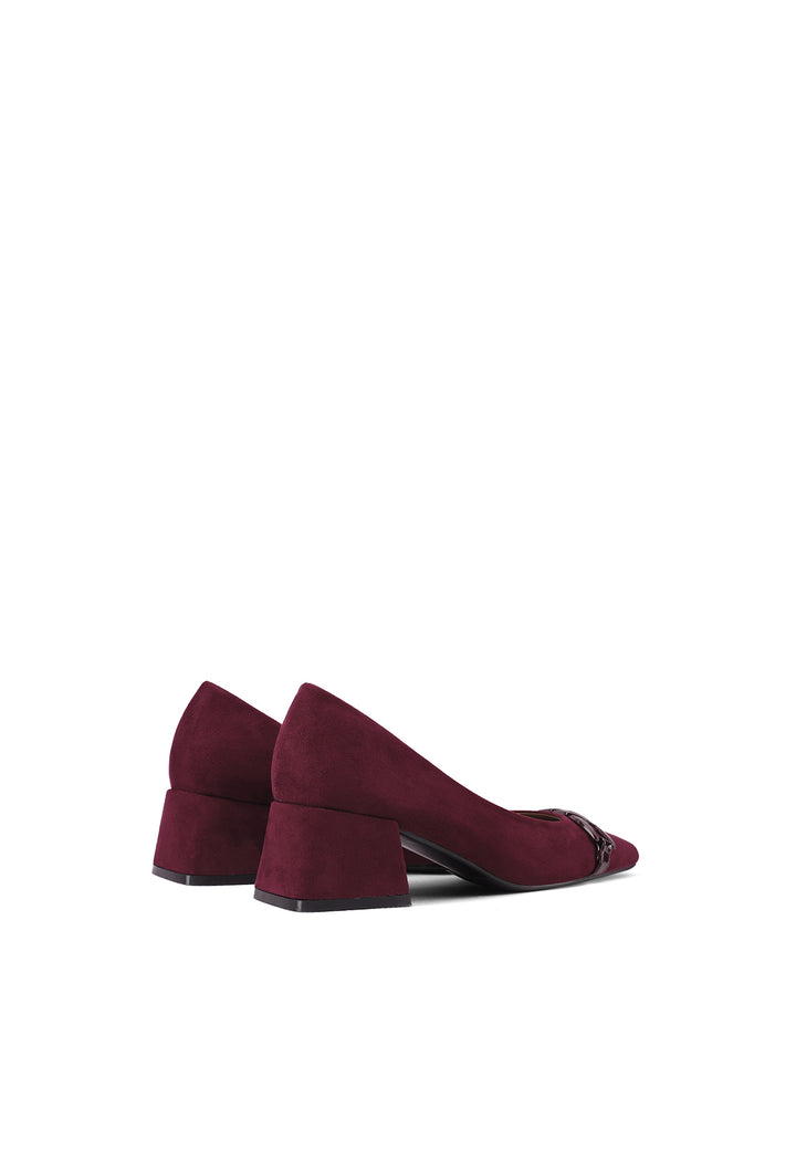 Décolleté donna eleganti a punta con tacco largo basso e fibbia bordeaux