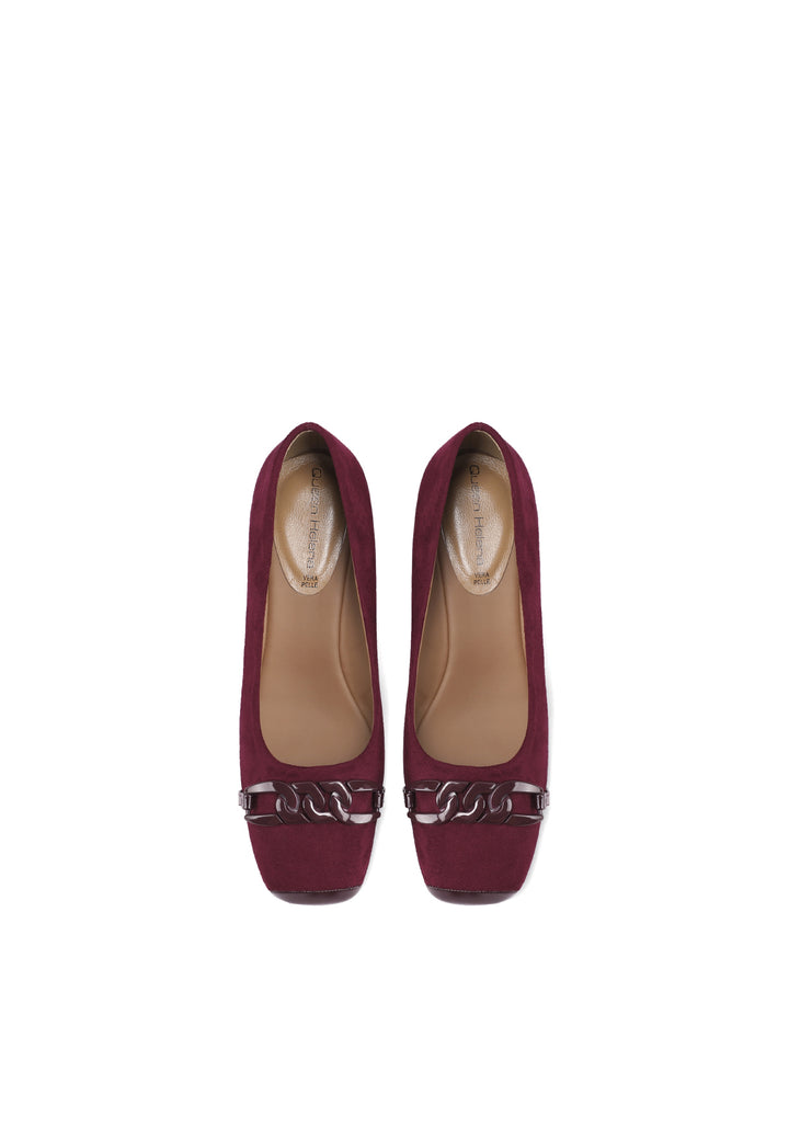 Décolleté donna eleganti a punta con tacco largo basso e fibbia bordeaux