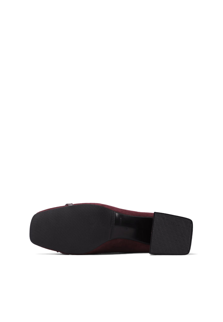 Décolleté donna eleganti a punta con tacco largo basso e fibbia bordeaux
